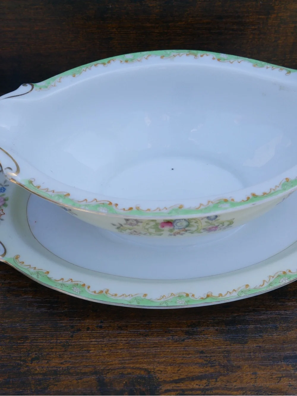 Noritake White Gravy Boat with Green Trim and Floral Band
